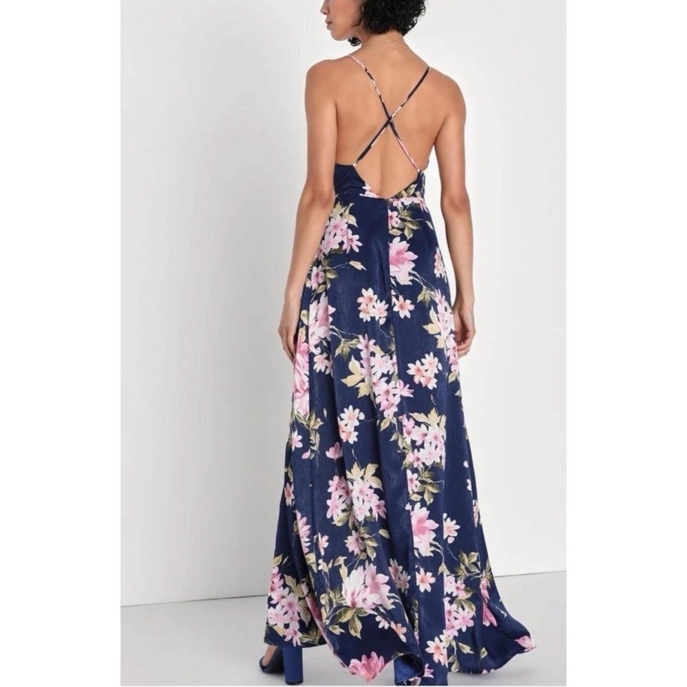Lulus Love of Romance Navy Floral Satin Maxi Dress Cowl Neck Slit Size L NWT - Picture 4 of 7
